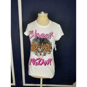 Women Round Crew Short Sleeve Cat Print Graphic T-Shirt Casual Size Small